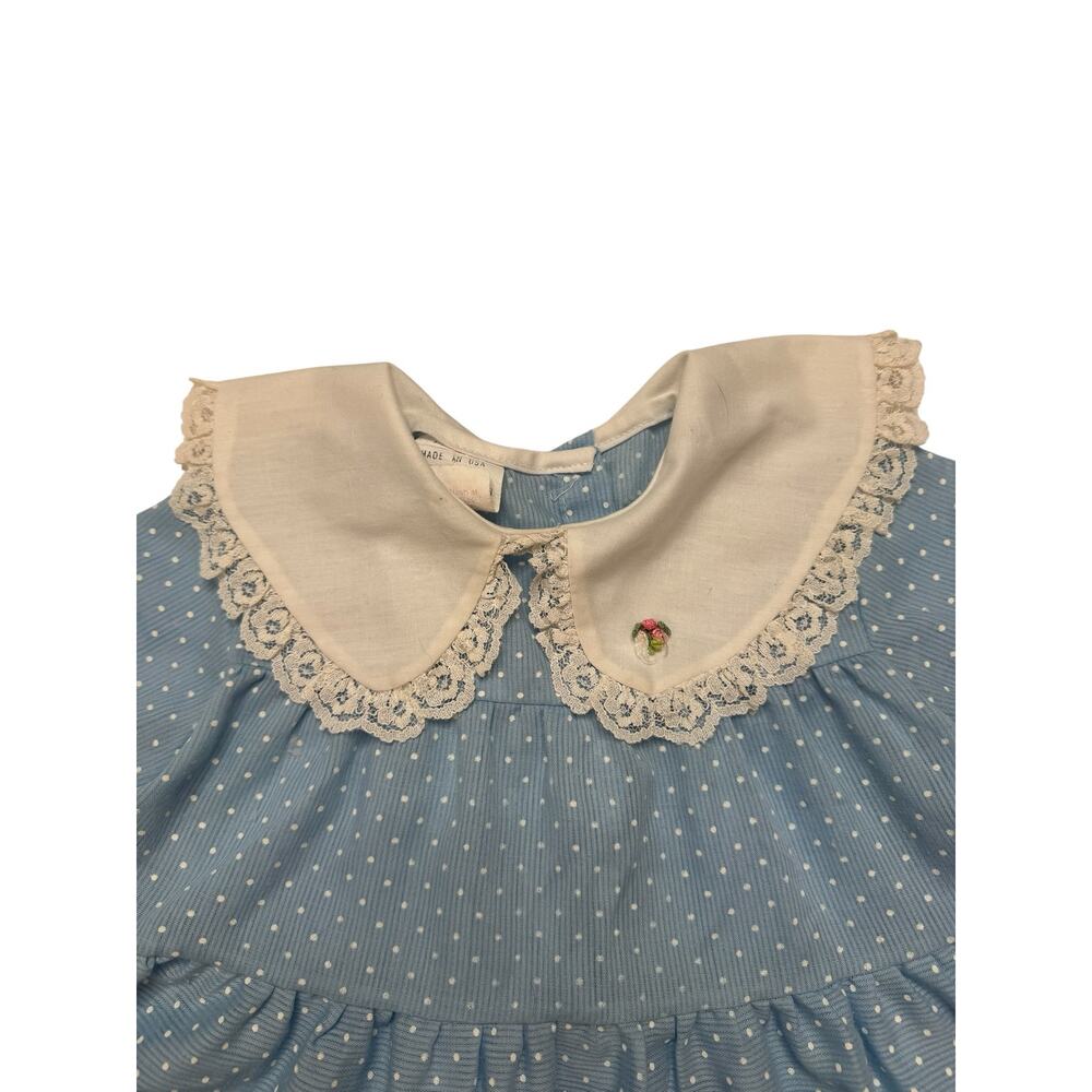 Vintage Cottagecore Blue Swiss Dot Lace Collar Baby Dress Sz 18 Months Made USA - Picture 3 of 4